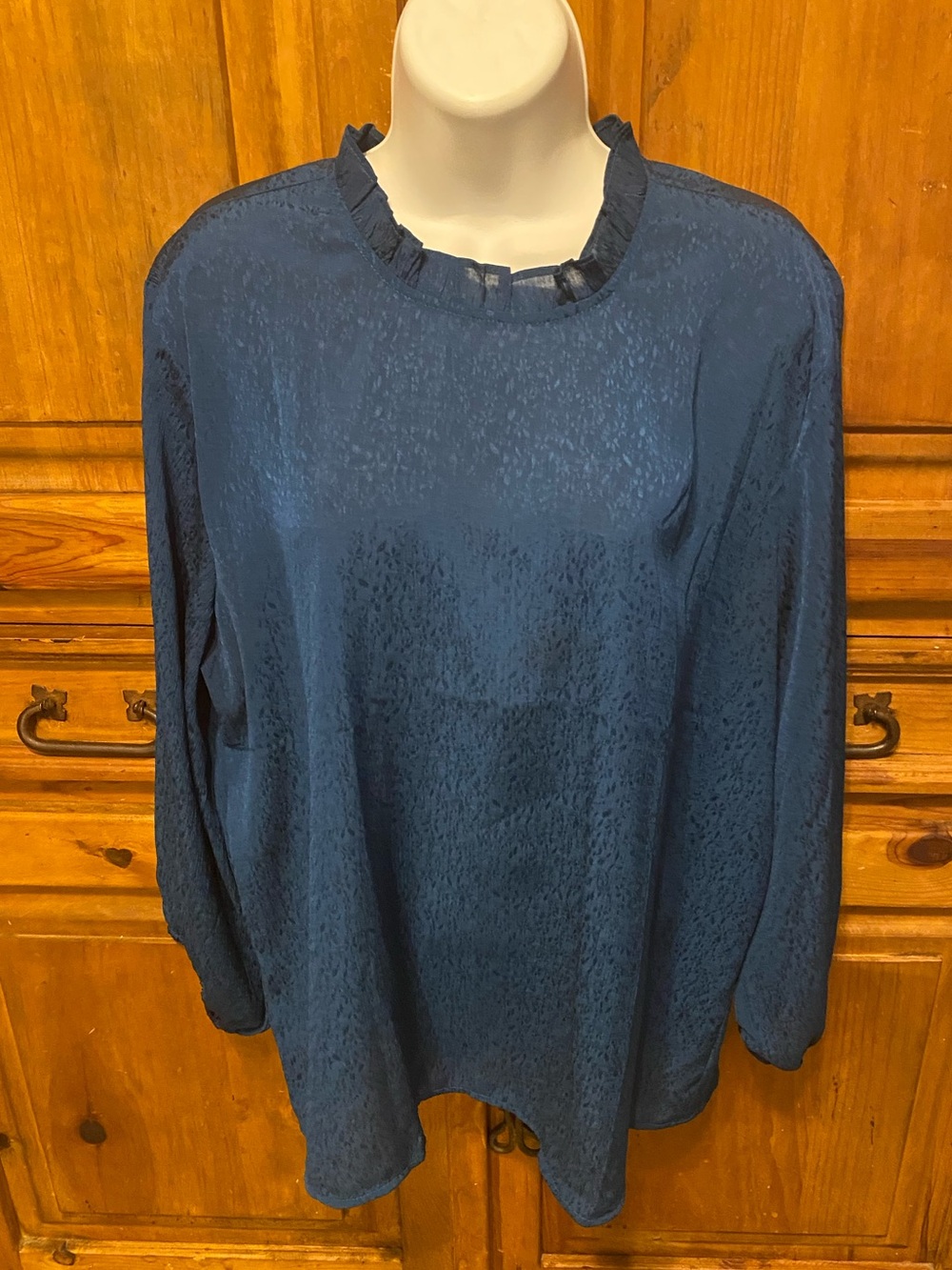 LOFT Outlet Teal Ruffle Mock Neck Blouse XL Long Sleeve Animal Jacquard Work Top